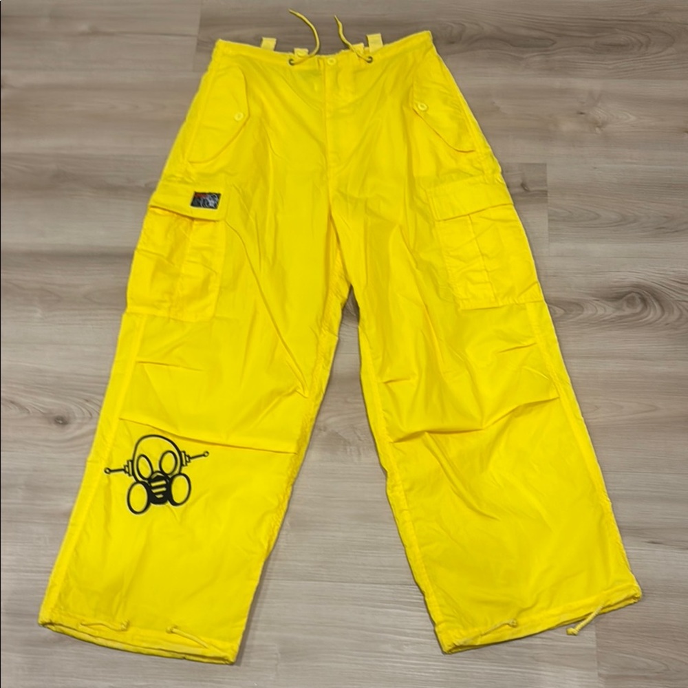 Y2K Ghost XXS Yellow Rave Cargo Parachute Pants with Graphic